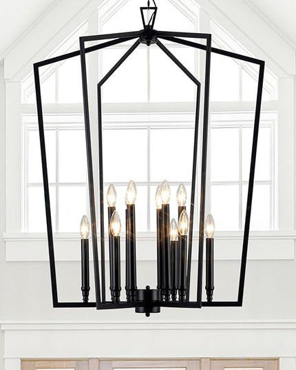 Vezzio Black Chandelier, 12-Light Modern Farmhouse Chandeliers Geometric Industrial Pendant Light Fixture Lantern for Dining Room Foyer Kitchen Island High Ceiling Hallway Entryway, D30 Inch