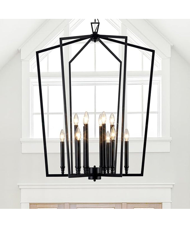 Vezzio Black Chandelier, 12-Light Modern Farmhouse Chandeliers Geometric Industrial Pendant Light Fixture Lantern for Dining Room Foyer Kitchen Island High Ceiling Hallway Entryway, D30 Inch
