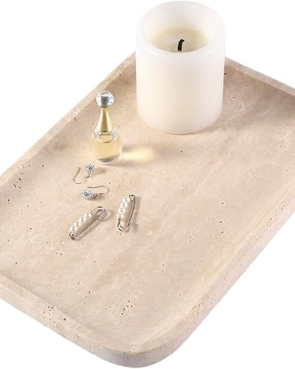 Marble Vanity Tray for Dresser Organizer, Travertine Bathroom Tray Countertop, Beige Decorative Serving Trays, Kitchen Sink Storage, Jewelry & Perfume Holder(Travertino Romano)