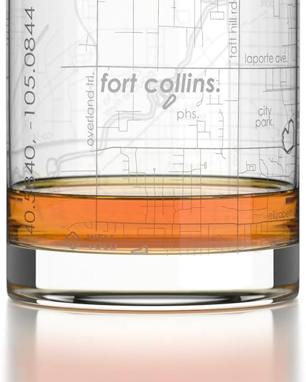 Well Told Engraved Fort Collins Colorado Map Rocks Glass, Old Fashioned Glassware (11 oz, Clear) Etched Bourbon Tumbler, Gifts For Whiskey Lovers