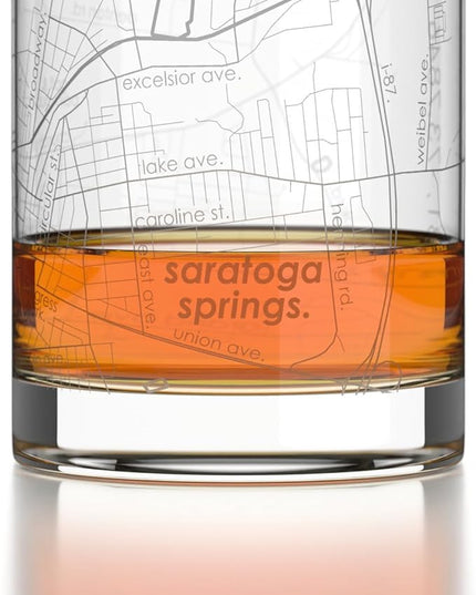 Well Told Engraved Saratoga Springs New York Map Rocks Glass, Old Fashioned Glassware (11 oz, Clear) Etched Bourbon Tumbler, Gifts For Whiskey Lovers