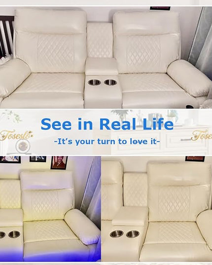 3 Piece Living Room Sets Furniture, Power Recliner Sofa Set with LED Light, Sanded Leather Reclining Sofa Sectional Couches with Cup Holders/Storage Console for House(Vanilla White)