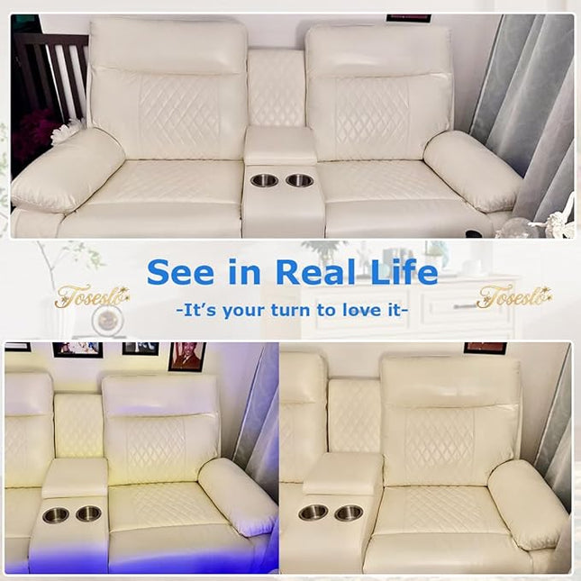 3 Piece Living Room Sets Furniture, Power Recliner Sofa Set with LED Light, Sanded Leather Reclining Sofa Sectional Couches with Cup Holders/Storage Console for House(Vanilla White)
