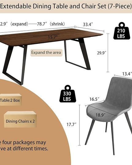 ZckyCine 63"-79" Extendable Dining Table Set for 6, Modern Walnut Color Table with 6 Brown Chairs, Retractable Wood Table and Chair Set for Kitchen and Dining Room