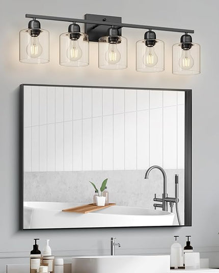 Modern 5 Light Bathroom Vanity Light, 31 inch Black Bathroom Lights Fixtures, Vanity Lights with Clear Glass for Mirror Kitchen Living Room Hallway Cabinet Porch