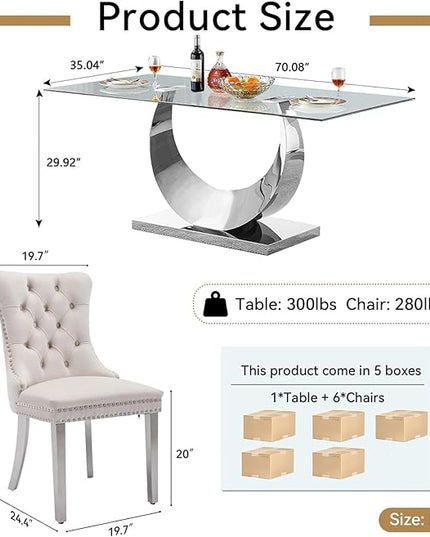 7 Piece Dining Table Set, Modern Glass Dining Table Set for 6, 70" Luxury Glass Table w/Silver Stainless Steel Base & 6 Beige Tufted Chairs, Kitchen Dining Room Sets for 6 for Breakfast Dinner Dinette