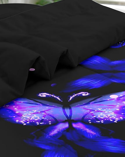 Comforter Set King Size, Purple Blue Galaxy 7 Pcs Bedding for Kids and Adults, Butterfly Flower Summer Bed Sheet Sets with Fitted Sheet 2 Pillowcases & 2 Shams for Bedroom Bed Decor