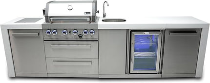 Mont Alpi MAi400-DBEV 32-inch 4 Burner 78000 BTU Deluxe Stainless Steel Modular Outdoor Kitchen Island Barbecue Grill with Beverage Center + Granite Countertops & Sides + Rotisserie and Grill Cover