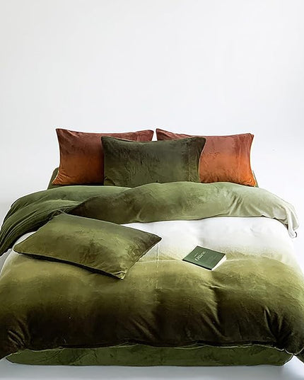 Luxlovery Green Gradient Velvet Comforter Full Fluffy Plush Flannel Bedding Set Full Men Women Army Green White Winter Warm Blanket Quilts Thick Abstract Modern Comforter Set