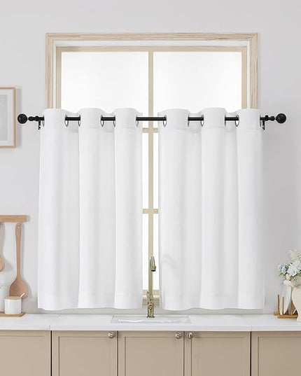 Chyhomenyc White Curtains 36 Inch Length, Light Filtering Faux Linen Textured Small Kitchen Window Curtains Over Sink, Thick Grommet Short Cafe Curtain for Cabinet Bathroom Basement, 40Wx36L, 2PCS