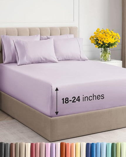 Extra Deep Cal King Sheet Set - 6 Piece Breathable & Cooling Sheets - Hotel Luxury Bed Sheets Set - Easy Fit - Soft, Wrinkle Free & Comfy Sheets Set - Light Lavender Sheet Set w/Extra Deep Pockets