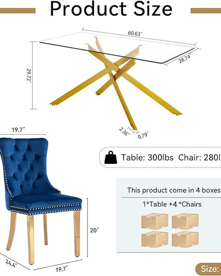 60" Glass Dining Table Set for 4, Modern Dining Room Table Set for 4, Gold X-Shape Pedestal Glass Table with 4pcs Blue Dining Chairs, 5 Piece Dining Set for Dining Living Room