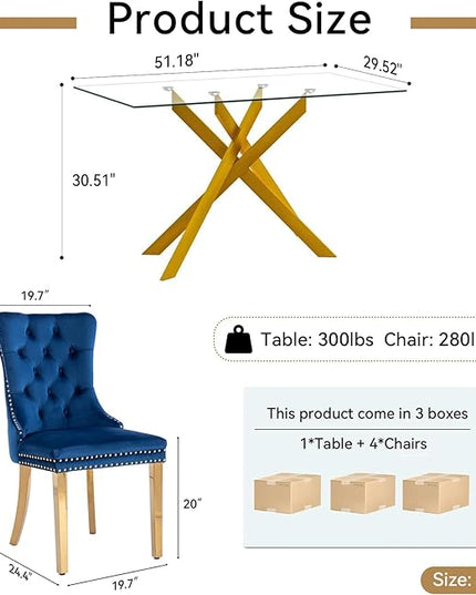 51" Glass Dining Table Set for 4, Modern Dining Room Table Set for 4, Gold X-Shape Pedestal Glass Table with 4pcs Blue Dining Chairs, 5 Piece Dining Set for Dining Living Room