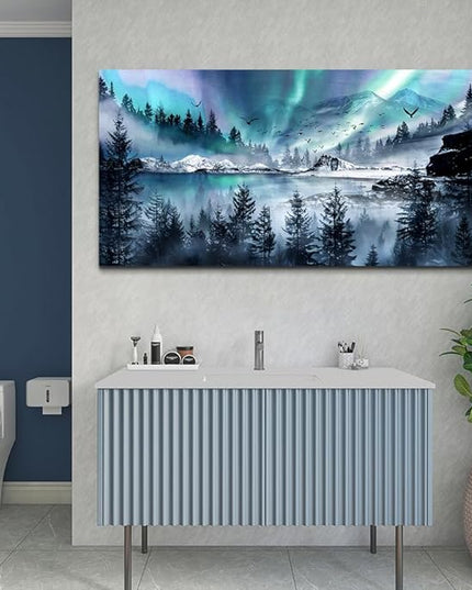hyidecorart Large Wall Decorations For Office Canvas Wall Art For Living Room Stretched And Framed Canvas Prints Paintings Blue Aurora Scenery Wall Pictures Artwork Ready To Hang Hotel Mural 48x24