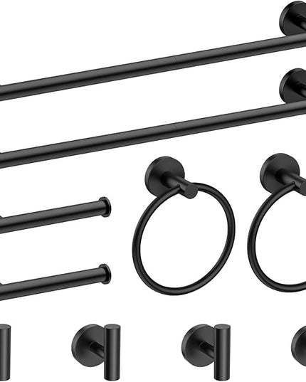 Newfun 10-Pieces Bathroom Hardware Set, Includes 24 Inch Towel Racks for Bathroom Wall Mounted, Toilet Paper Holder, Towel Hooks for Bathrooms, Towel Rings for Bathroom Wall (Matte Black)