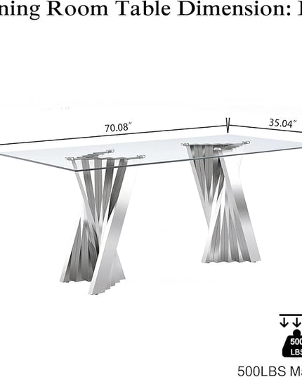 70'' Tempered Glass Top Dining Table With Mirrored Silver Stainless Steel Base for 4-8, Modern Rectangular Design for Dining Room and Living Room
