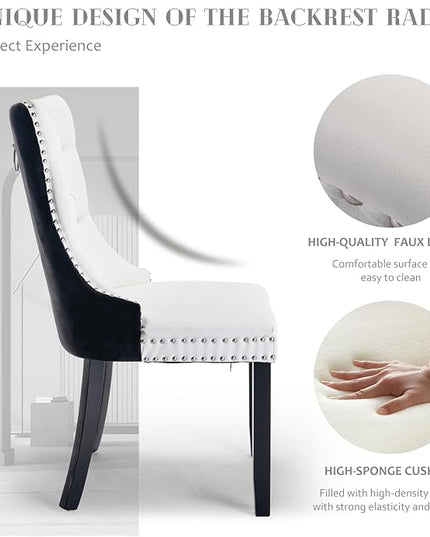 SoarFlash Leather Dining Chairs Set of 8, Tall Back Side Chair, Modern Upholstered Side Chair with Button Back Ring, Solid Wood Legs (Black&White)