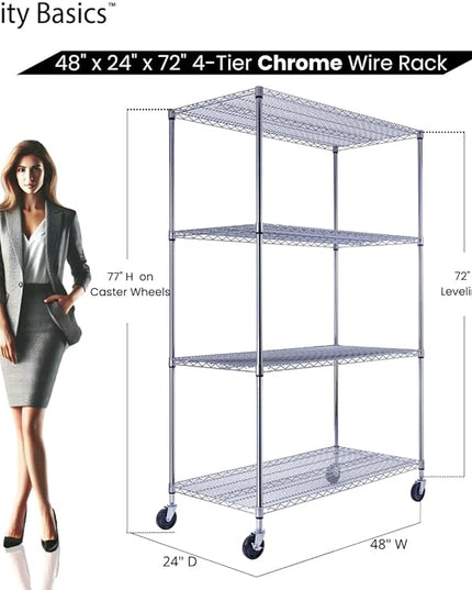 NSF Commercial 4-Tier Wire Shelving with Wheels, 48"x24"x72" Heavy Duty Metal Shelves 3200 lbs Max Capacity, Chrome Storage Rack for Garage Kitchen Pantry Warehouse