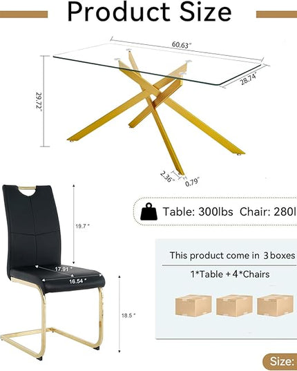 5 Piece Glass Dining Table Set, Glass Kitchen Dining Room Table Set for 4, 61" Modern Rectangular Gold Glass Metal Dining Table with 4 Black PU Leather Dining Chairs for Kitchen Dining Room