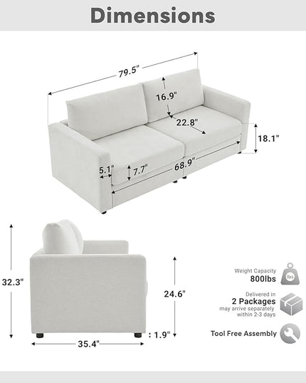 Tbfit Sectional Couch Loveseat, 79" Modern Comfy Sofa with Deep Seat, Removable Cover & Reversible Cushion, White