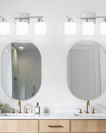Brushed Nickel Bathroom Light Fixture, 3 Light Vanity Lights for Bathroom, Bath Lights with Milky White Frosted Glass Shades, E26 Socket
