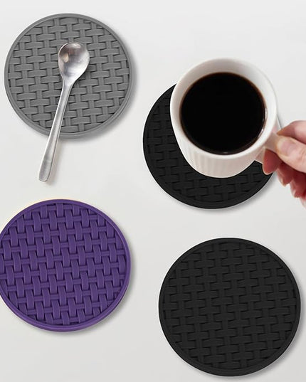 6 Pcs Silicone Coasters for Drinks Black, 4 Inches Heat Resistant Cup Mats, Non-Slip Waterproof Table Protectors for Coffee Mugs, Cups - Home Kitchen Office Decor