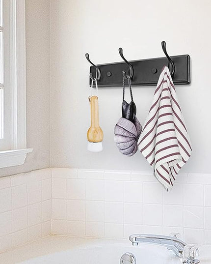 Wooden Coat Rack, Wall-Mounted Organizer for Closet, Entryway, Hallway, Foyer, Bedroom, Heavy Duty Double Hooks for Hanging Towels, Bags, Hats, Jackets, Key (Black, 3 Hooks)