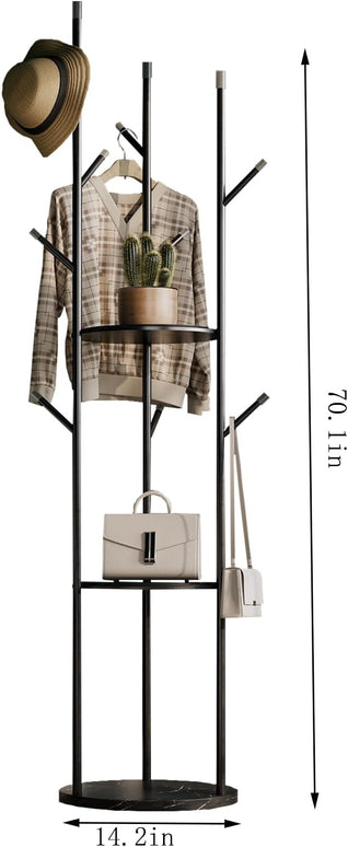 metal Coat Rack whit Marble base,heavy duty coat hanger Stand, Freestanding Coat Racks with 3 Shelves and 9 Hooks,Coat Tree for Entryway, Bedroom, Coats, Bags,purse