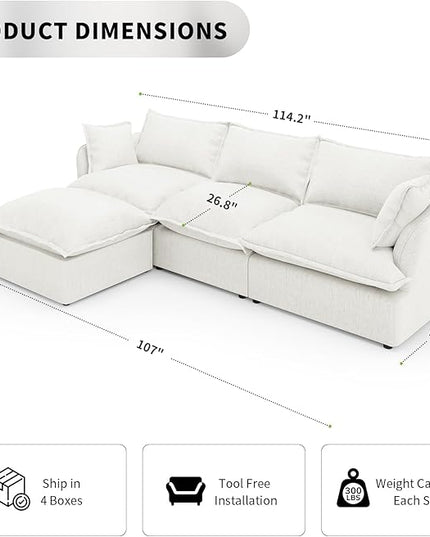 Cloud Couch Modular Sectional for Living Room,L Shaped Down Filled Sectional Sofa,3 Seater with Ottoman Couch,Deep Seat Couches,Sofa Covers Washable&Replaceable,Cream White