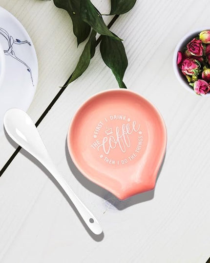 Funny Coffee Quote First I Drink The Coffee Then I Do The Things Ceramic Spoon Holder- Orange Pink Coffee Spoon Rest -Cafe Station Bar Accessories