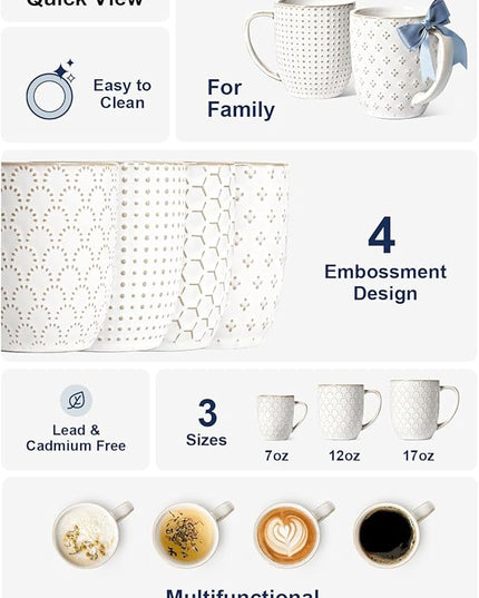 LE TAUCI Coffee Mugs 12 oz, Ceramic Mug Set Set of 4, Embossment Cups for Espresso, Latte, Tea, Cocoa, Cappuccino & Mocha, Dishwasher Oven Microwave Safe - 3.4 inch, Arctic White
