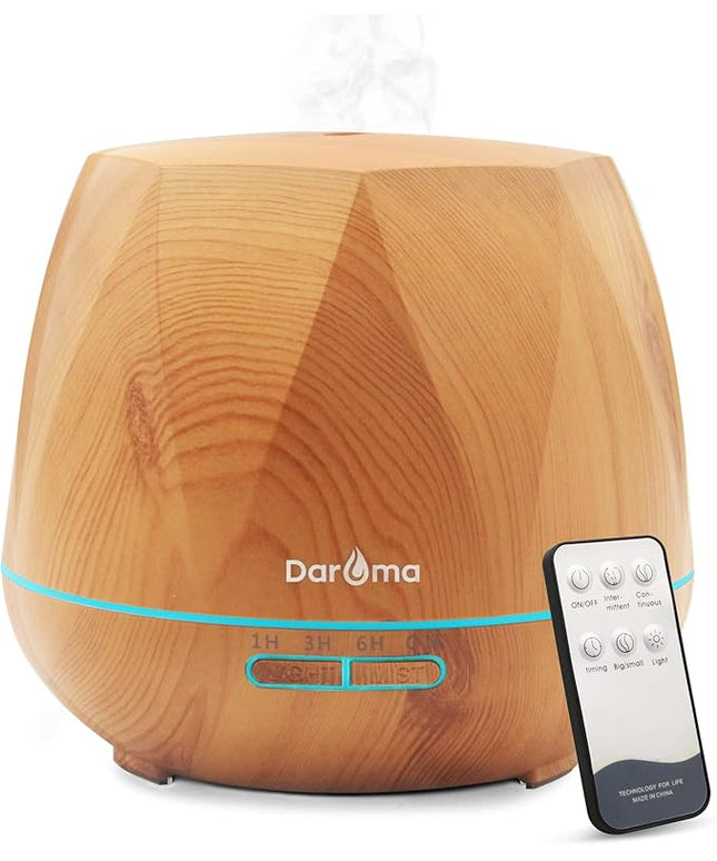 550ml Essential Oil Diffuser, DAROMA Upgraded Remote Control 6 in 1 Aromatherapy Ultrasonic Cool Mist Humidifier, 7 Color Changing Mood Lights & Waterless Auto-Off for Home Office Gift, Light Wood