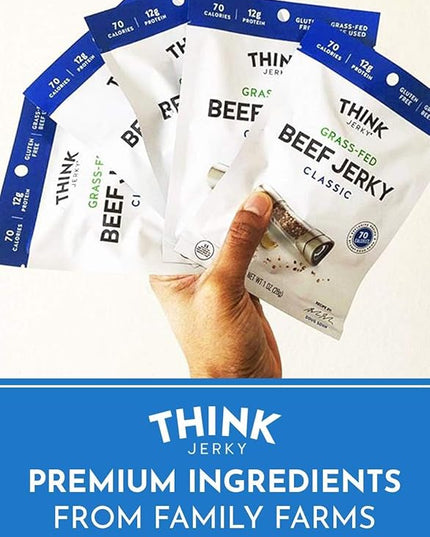 Think Jerky Classic Beef Jerky, Grass-Fed High Protein Beef Jerky, Gluten Free, No Antibiotics or Nitrates, Healthy Chef Crafted Recipe, Low Calorie and Low Fat - 2.2 oz Bags, 4 Pack