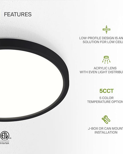ASD LED 9" Round Flush Mount Ceiling Light Fixture, Low Profile Surface Lighting | 5CCT, Dimmable, Ultra-Thin, ETL Listed | 18W 1660LM 2700-6000K 120V | Kitchen, Bedroom, Hallway Lamp | Black