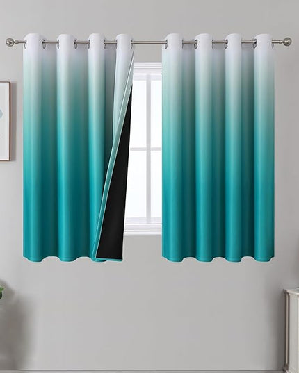Estelar Textiler Teal and Greyish White Ombre Full Light Blocking Blackout Curtains for Living Room 54 Inch Long, Energy Saving Grommet Window Curtains for Bedroom, 52x54 inch, 2 Panels