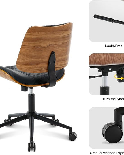 BV Small Desk Chair, Mid Century Office Chair with Bentwood Back, Armless Task Swivel Chair with Wheels, Mid Back No Arms, Faux Leather Office Chairs for Small Space, Black