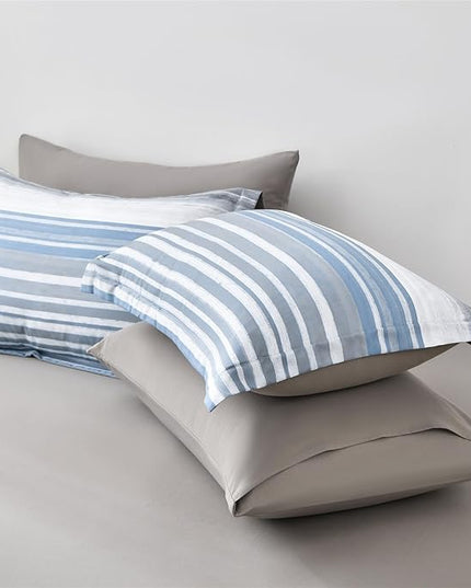 KAKIJUMN 7 Piece Bed in a Bag Stripe Comforter Set Queen Size, White Grey Blue Patchwork Striped Comforter and Sheet Set, All Season Soft Microfiber Complete Bedding Set(Light Blue,Queen)