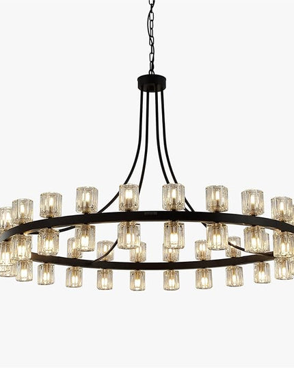 48" Wagon Wheel Chandelier Black Wagon Wheel Chandelier with Crystal Shade, 48 Lights, Modern Farmhouse Style, Ideal for Dining Room, Kitchen, Entryways