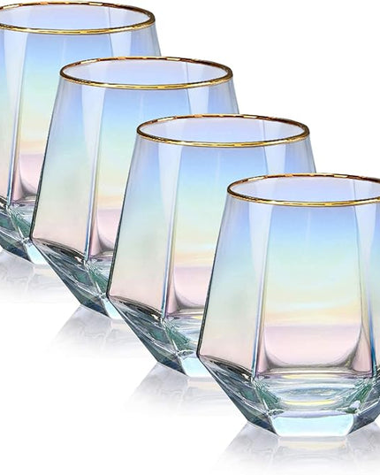 XKXKKE Diamond Wine Glasses Set of 4, 10 OZ Modern Stemless Gold Rim Glass Cups Iridescent Drinking Glassware for Serving Party, Home, Bar, Restaurants, Gift, Rainbow Tumbler, Colorful 4 Pack
