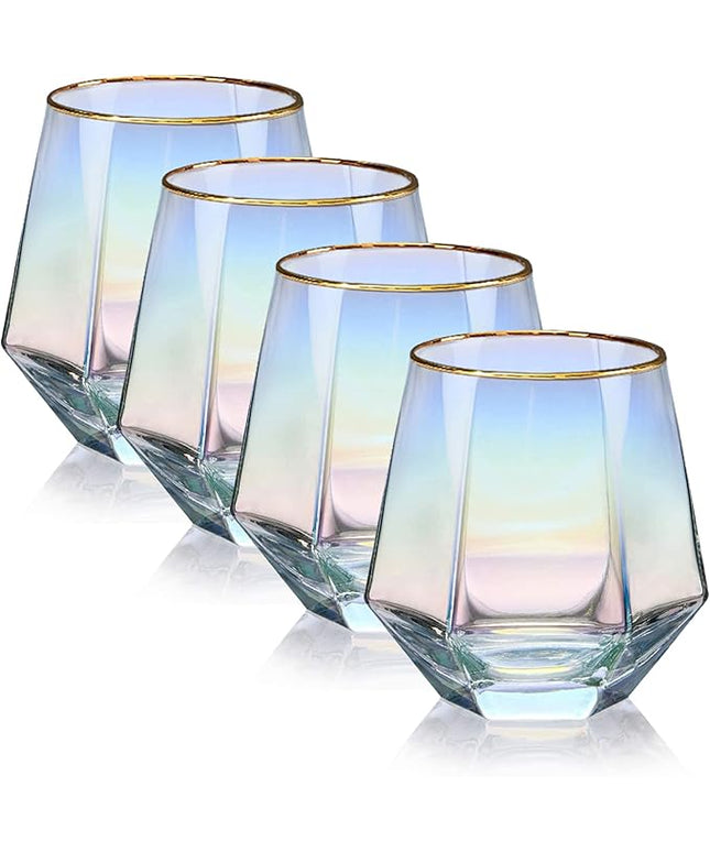 XKXKKE Diamond Wine Glasses Set of 4, 10 OZ Modern Stemless Gold Rim Glass Cups Iridescent Drinking Glassware for Serving Party, Home, Bar, Restaurants, Gift, Rainbow Tumbler, Colorful 4 Pack