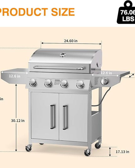 4 Burner Propane Gas Grill with Side Burner, Stainless Steel Gas Grill with Built-in thermometer & Enameled Cast Iron Grates, 58,000 BTUs Output for Outdoor Cooking and Patio Backyard Barbecue