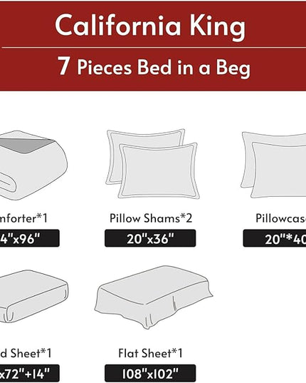 MUXHOMO 7 Pieces California King Comforter Set, Reversible Bed in a Bag Cal King Size, All Season Bedding Set with Comforter, Flat Sheet, Fitted Sheet, Pillowcases & Shams, Red & Black