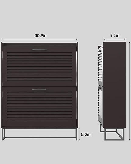 Maupvit Shoe Storage Cabinet with 2 Flip Louvered Doors, Freestanding Organizer with Metal Legs, Shoe Cabinet for Entryway, Narrow Shoe Rack Cabinet, Espresso Color