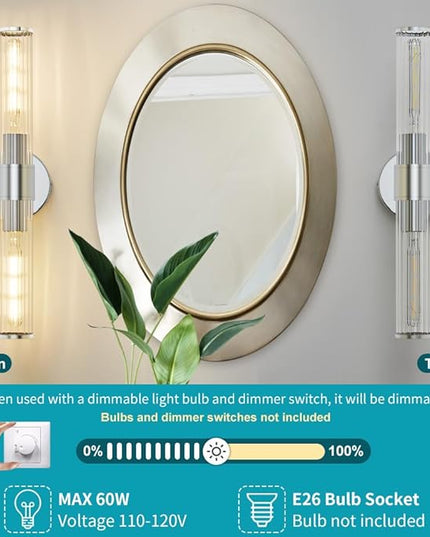 Bathroom Vanity Light Fixtures, Chrome Wall Sconce in Threaded Glass, Modern Wall Light Up and Down Wall Mount Lamp for Bathroom, Living Room, Hallway, Kitchen - Bulb Not Included