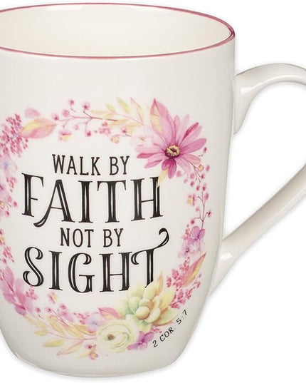 Christian Art Gifts Inspirational Scripture Ceramic Coffee & Tea Mug for Women: Walk by Faith Encouraging Bible Verse Cup, Microwave & Dishwasher Safe, Lead-free, White & Pink Floral Wreath, 12 oz.