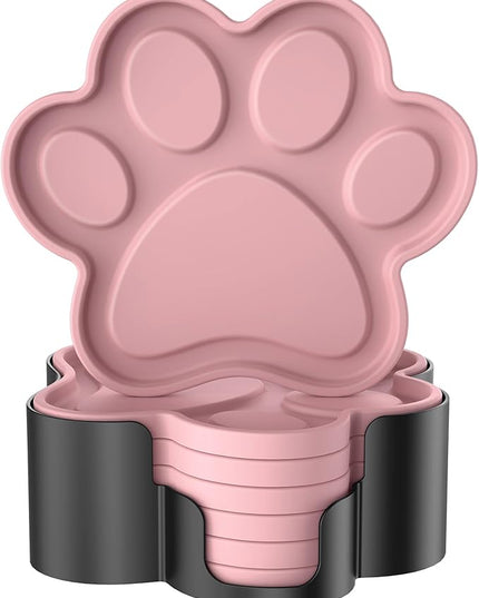ME.FAN Silicone Coasters 6 Pack Paw Cup Mat with Holder, Dog Cat Paw Shape, for Hot or Cold Drink, Non-Slip, Non-Stick, Room Decor, Housewarming Dusty Rose