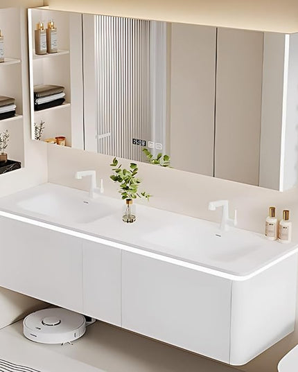 76IN Modern Double Sink Bathroom Vanity, Defogging Mirror Cabinet with LED Light Strip & Time Display Screen | Wall Mounted Bathroom Vanity with Sink Include Smart Sensor Light Strip (Style B)
