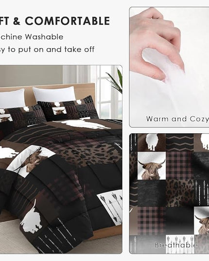 Twin Size Comforter Set with Pillowcase, Highland Cow Animal 2 Pcs Bedding for Kids and Adults, Brown Farm Vintage Print Soft Comforter Set for Bedroom Bed Decor
