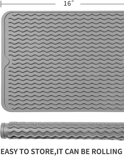 Silicone Dish Drying Mat for Multiple Usage,Easy clean,Eco-friendly,Heat-resistant Silicone Mat for Kitchen Counter or Sink,Refrigerator or drawer liner Grey L 16 inches x 12 inches
