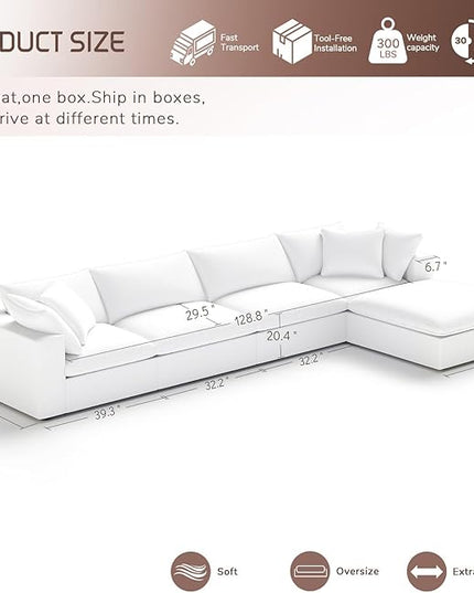 Cloud Modular Sectional Sofa,143" Down Filled Sofa 4 Seat with Chaise,Minimalist Sofa Cover Washable and Replaceable Couches for Living Room,Sectional Sofa Deep Seat